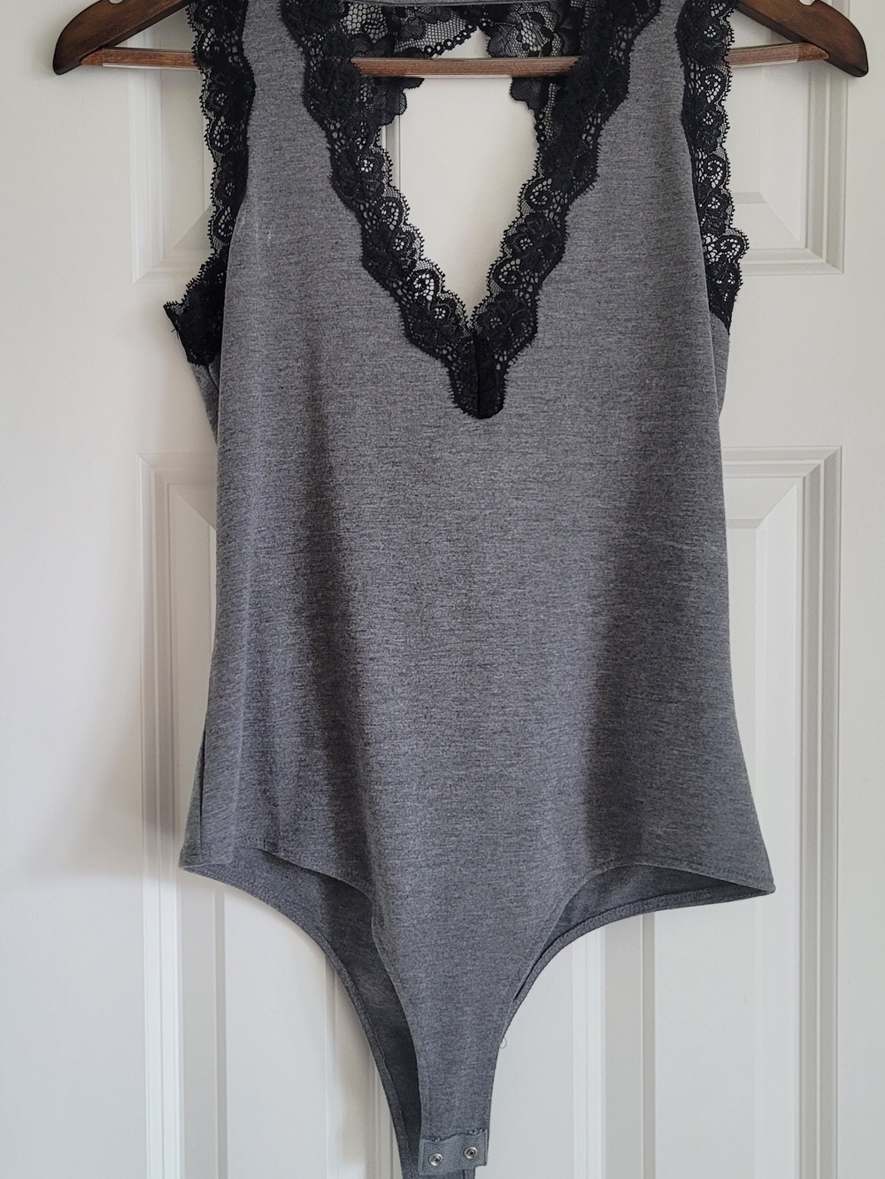 Grey Lace-Trim V-Neck Bodysuit with Black Lace